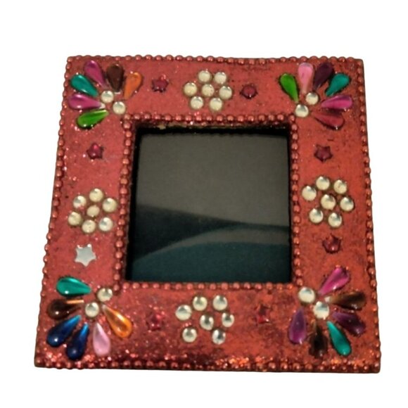 Red Jeweled Frame Table Picture Metallic Beaded 3 x 3 - Picture 1 of 5